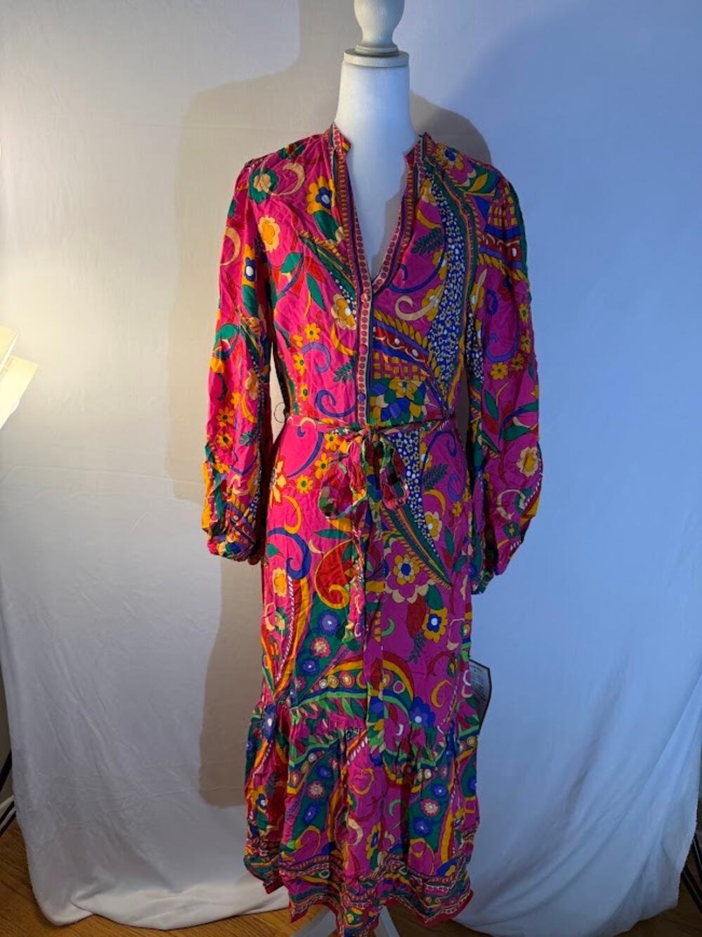 Adrianna Papell Women’s Size 4 Pink Floral Bishop Sleeve Flounce Midi Dress